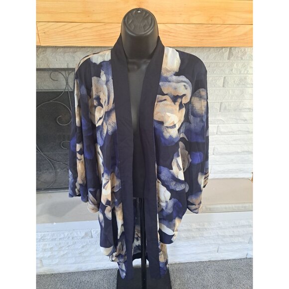 Womens Floral Kimono Cardigan OSFM A New Day 100% Recycled Polyester Navy Beige - Picture 2 of 5